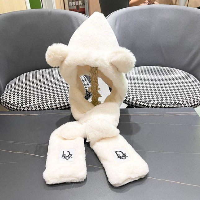 PLUSH WARM HAT IN WHITE RABBIT FUR WITH FOX EARS 439587