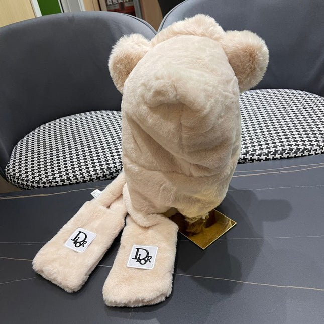 PLUSH WARM HAT IN BEIGE RABBIT FUR WITH FOX EARS 439588