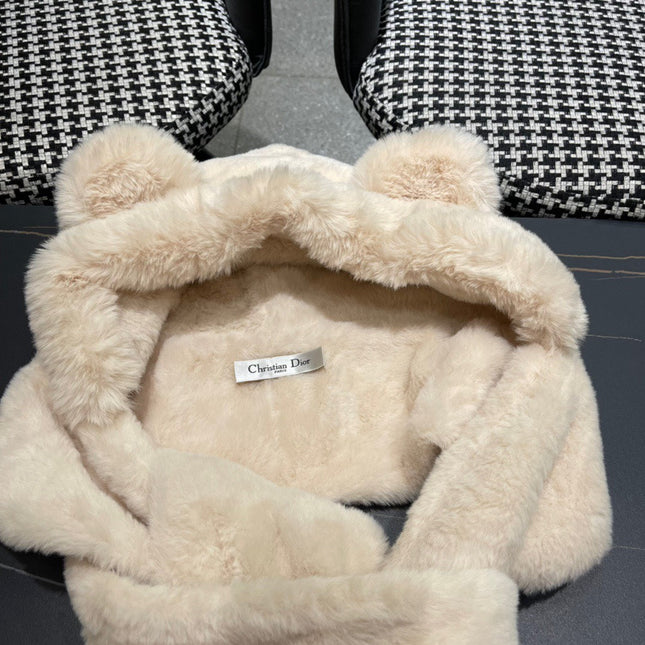 PLUSH WARM HAT IN BEIGE RABBIT FUR WITH FOX EARS 439588