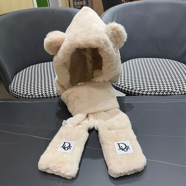 PLUSH WARM HAT IN BEIGE RABBIT FUR WITH FOX EARS 439588