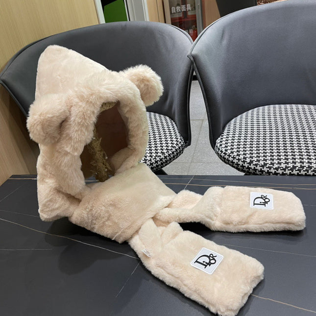 PLUSH WARM HAT IN BEIGE RABBIT FUR WITH FOX EARS 439588