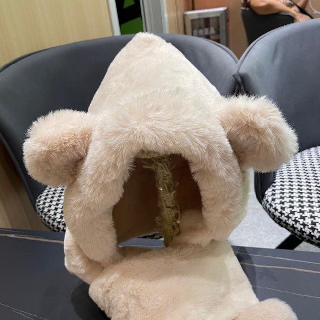 PLUSH WARM HAT IN BEIGE RABBIT FUR WITH FOX EARS 439588