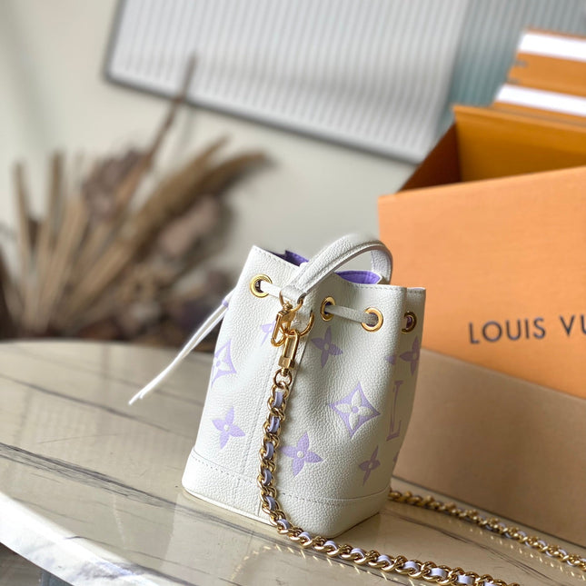 NANO NOÉ 16 IN WHITE PURPLE MONOGRAM EMBOSSED CALFSKIN