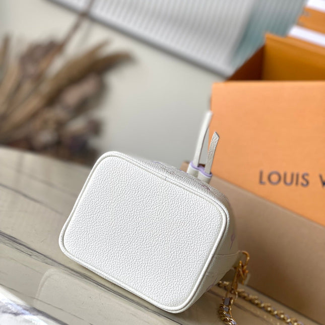 NANO NOÉ 16 IN WHITE PURPLE MONOGRAM EMBOSSED CALFSKIN