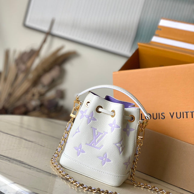 NANO NOÉ 16 IN WHITE PURPLE MONOGRAM EMBOSSED CALFSKIN