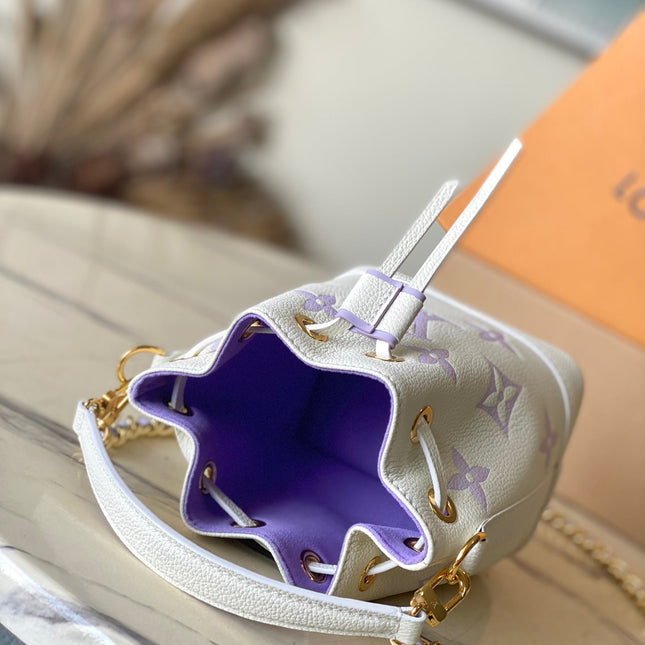 NANO NOÉ 16 IN WHITE PURPLE MONOGRAM EMBOSSED CALFSKIN