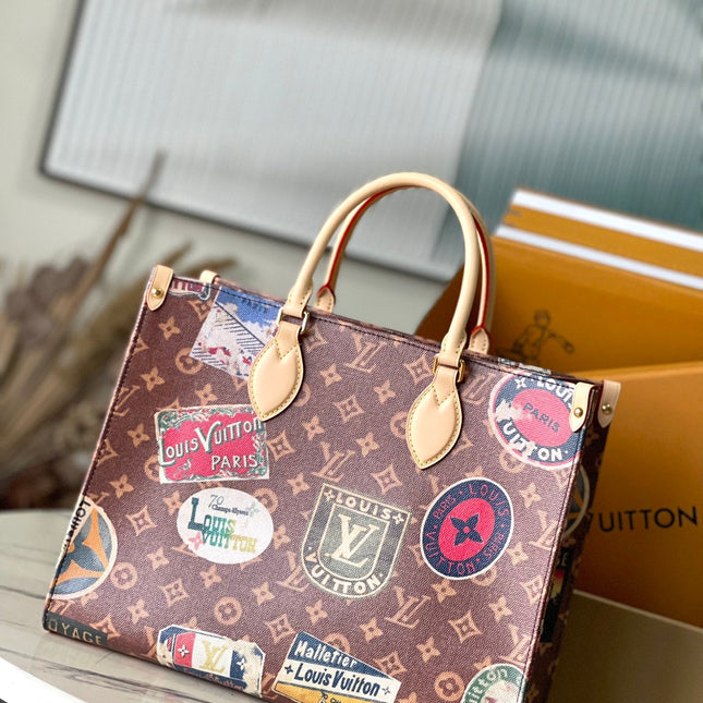 ONTHEGO VOYAGE 35 IN BROWN MONOGRAM CANVAS WITH VINTAGE HOTEL LABELS
