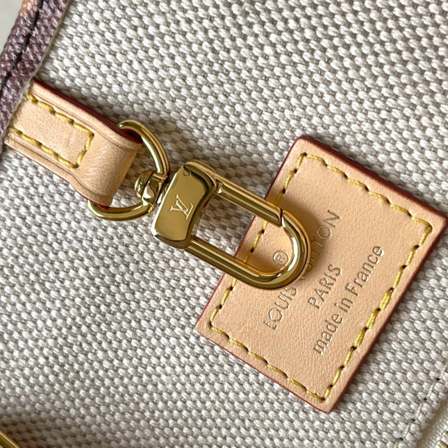 ONTHEGO VOYAGE 35 IN BROWN MONOGRAM CANVAS WITH VINTAGE HOTEL LABELS