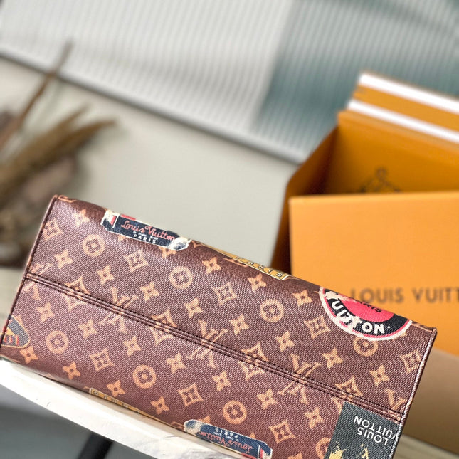 ONTHEGO VOYAGE 35 IN BROWN MONOGRAM CANVAS WITH VINTAGE HOTEL LABELS