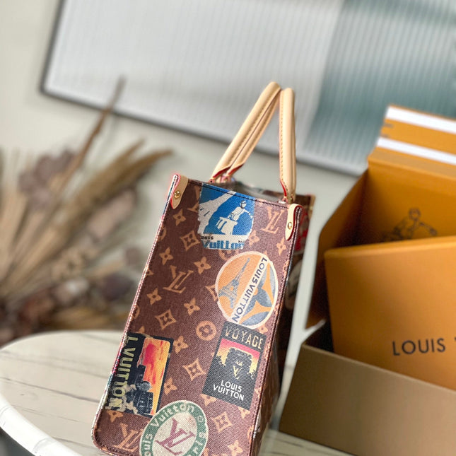 ONTHEGO VOYAGE 35 IN BROWN MONOGRAM CANVAS WITH VINTAGE HOTEL LABELS