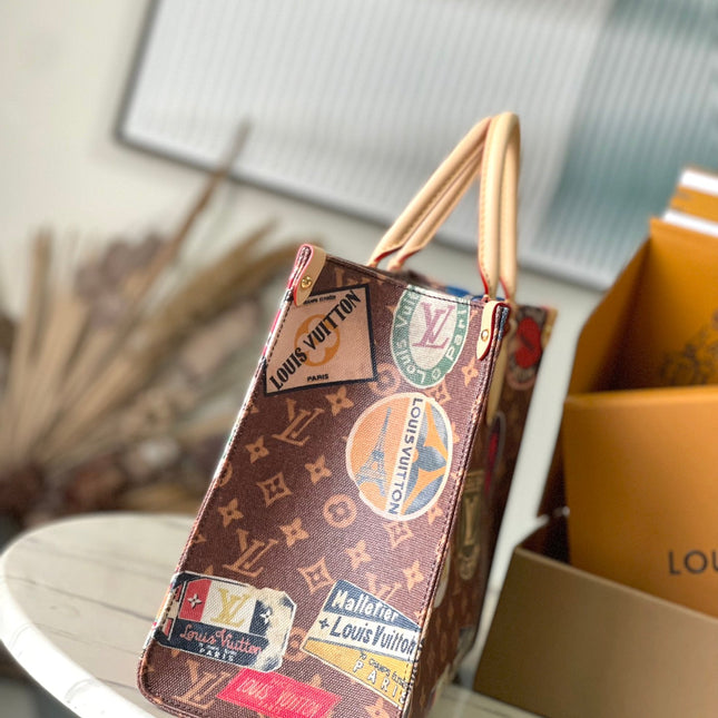 ONTHEGO VOYAGE 35 IN BROWN MONOGRAM CANVAS WITH VINTAGE HOTEL LABELS