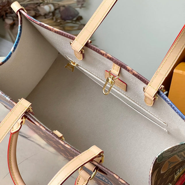 ONTHEGO VOYAGE 35 IN BROWN MONOGRAM CANVAS WITH VINTAGE HOTEL LABELS