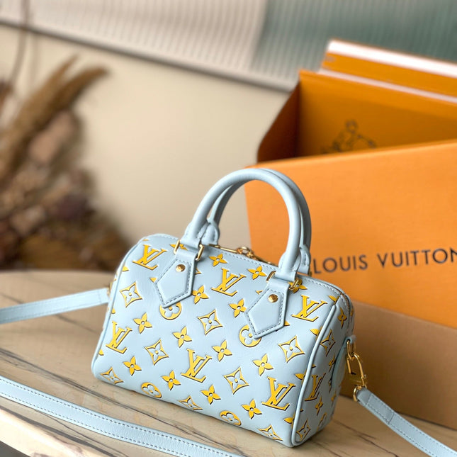 SPEEDY BANDOULIÈRE 20 IN SKY YELLOW MONOGRAM CALFSKIN GOLD BUCKLE