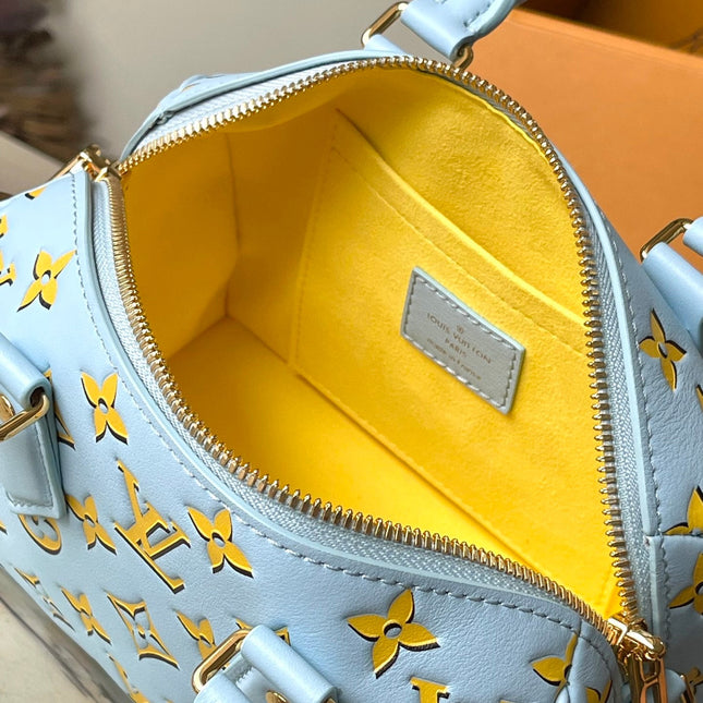 SPEEDY BANDOULIÈRE 20 IN SKY YELLOW MONOGRAM CALFSKIN GOLD BUCKLE