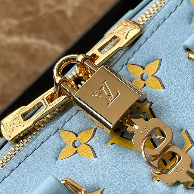 SPEEDY BANDOULIÈRE 20 IN SKY YELLOW MONOGRAM CALFSKIN GOLD BUCKLE