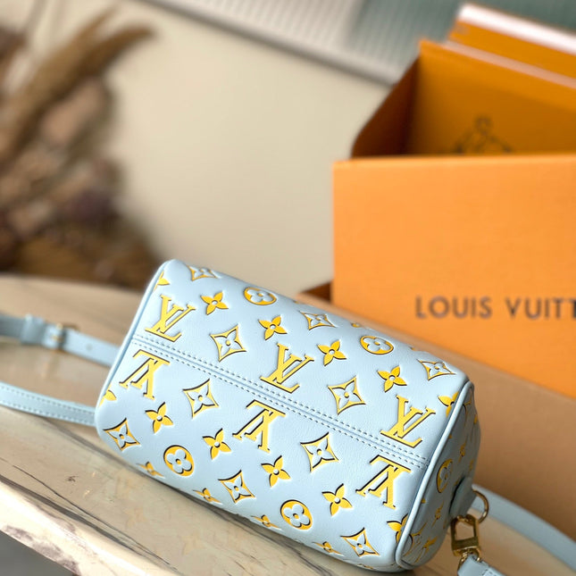 SPEEDY BANDOULIÈRE 20 IN SKY YELLOW MONOGRAM CALFSKIN GOLD BUCKLE