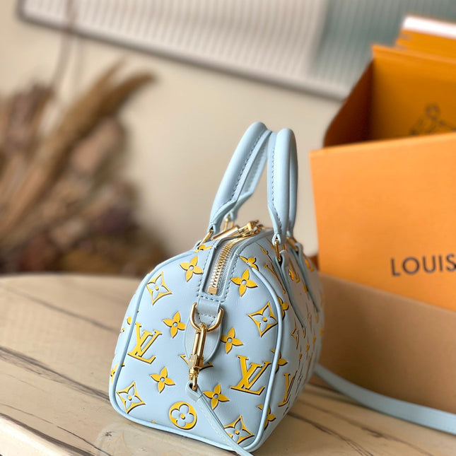 SPEEDY BANDOULIÈRE 20 IN SKY YELLOW MONOGRAM CALFSKIN GOLD BUCKLE