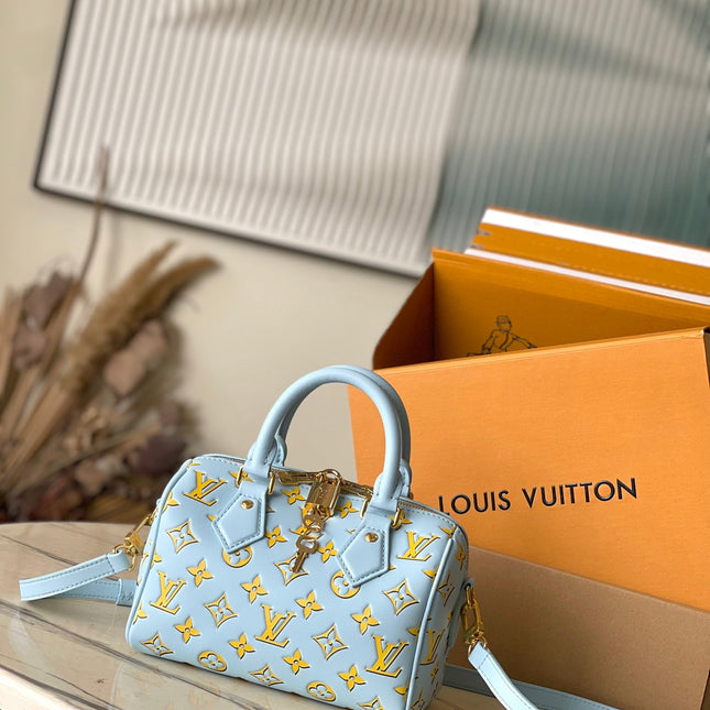 SPEEDY BANDOULIÈRE 20 IN SKY YELLOW MONOGRAM CALFSKIN GOLD BUCKLE