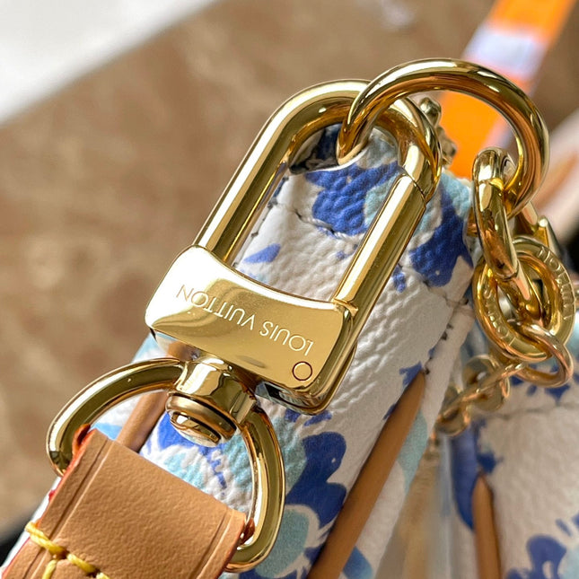 MULTI POCHETTE ACCESSOIRES 24 IN LAGOON BLUE MONOGRAM TILES CANVAS GOLD HARDWARE