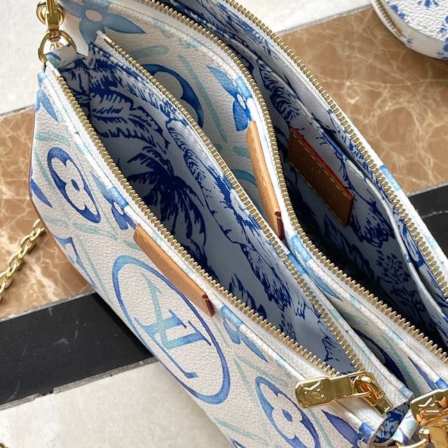 MULTI POCHETTE ACCESSOIRES 24 IN LAGOON BLUE MONOGRAM TILES CANVAS GOLD HARDWARE