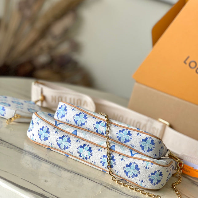 MULTI POCHETTE ACCESSOIRES 24 IN LAGOON BLUE MONOGRAM TILES CANVAS GOLD HARDWARE