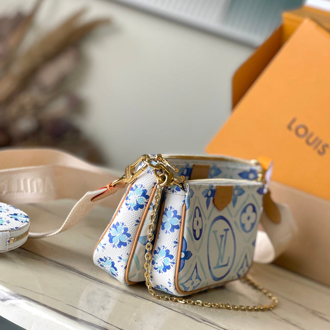 MULTI POCHETTE ACCESSOIRES 24 IN LAGOON BLUE MONOGRAM TILES CANVAS GOLD HARDWARE