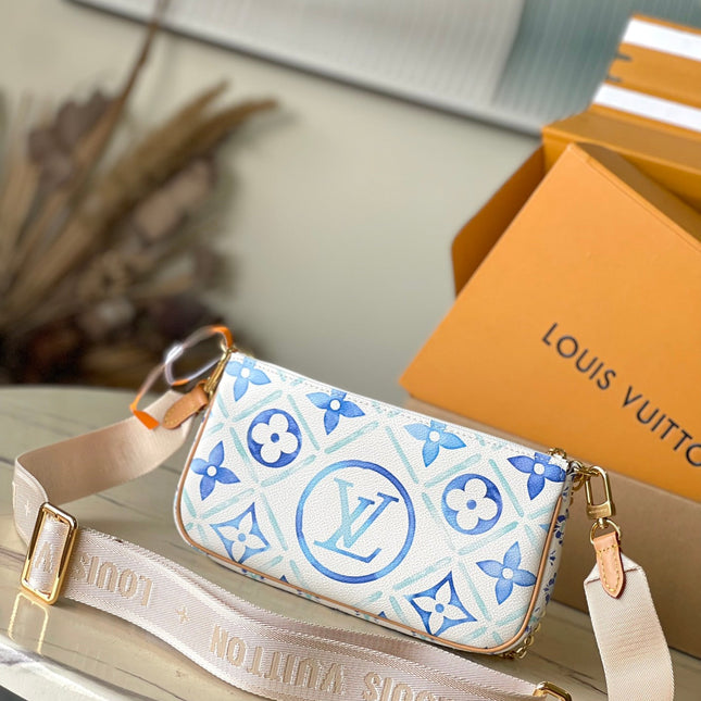 MULTI POCHETTE ACCESSOIRES 24 IN LAGOON BLUE MONOGRAM TILES CANVAS GOLD HARDWARE