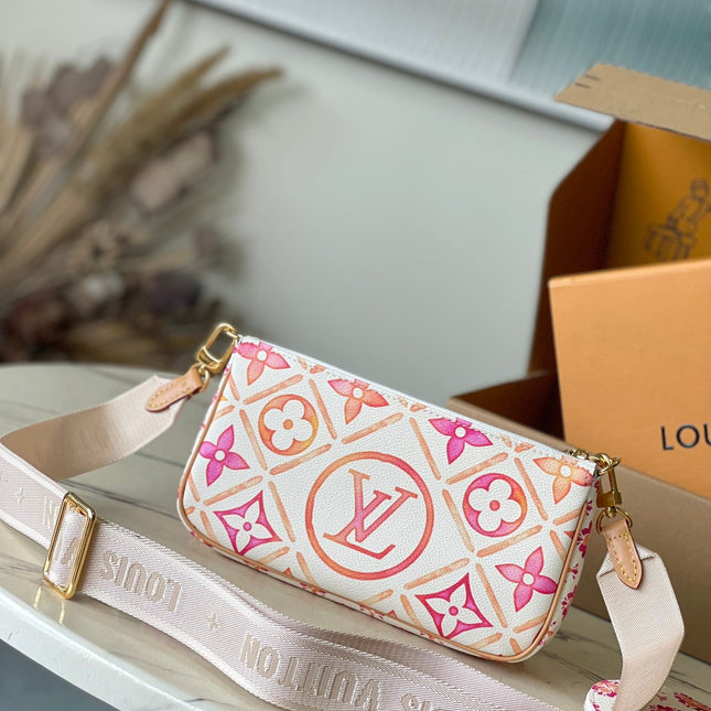 MULTI POCHETTE ACCESSOIRES 24 IN CORAL MONOGRAM TILES CANVAS GOLD HARDWARE