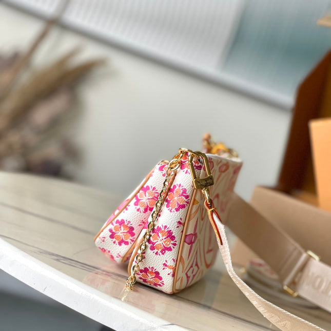 MULTI POCHETTE ACCESSOIRES 24 IN CORAL MONOGRAM TILES CANVAS GOLD HARDWARE