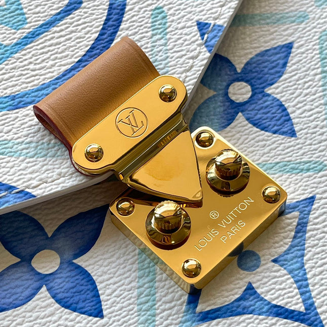 POCHETTE MÉTIS 25 IN LAGOON BLUE MONOGRAM TILES CANVAS GOLD HARDWARE