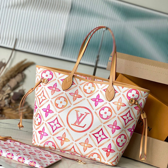 NEVERFULL MM 31 IN CORAL MONOGRAM TILES CANVAS