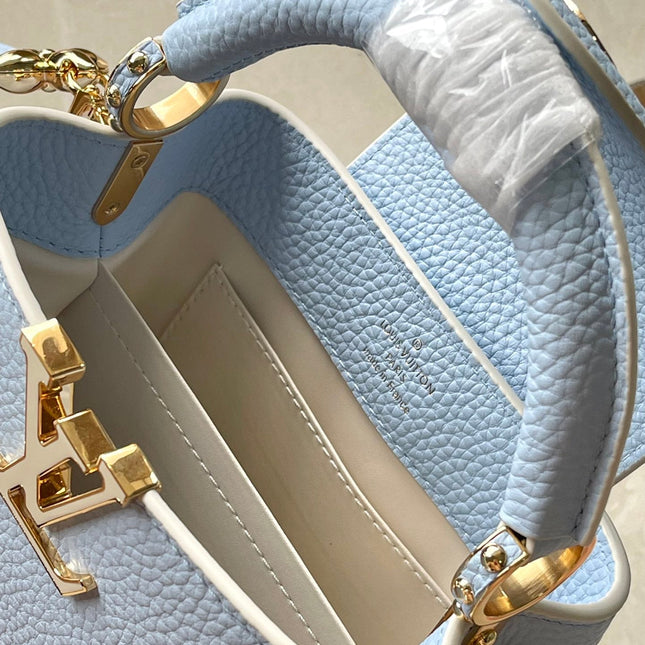 CAPUCINES MINI 21 IN CANDY BLUE TAURILLON GOLD HARDWARE