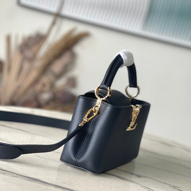 CAPUCINES EAST-WEST MINI 22 IN BLACK CALFSKIN GOLD HARDWARE