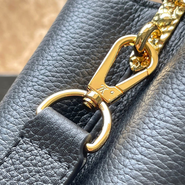 CAPUCINES EAST-WEST MINI 22 IN BLACK CALFSKIN GOLD HARDWARE