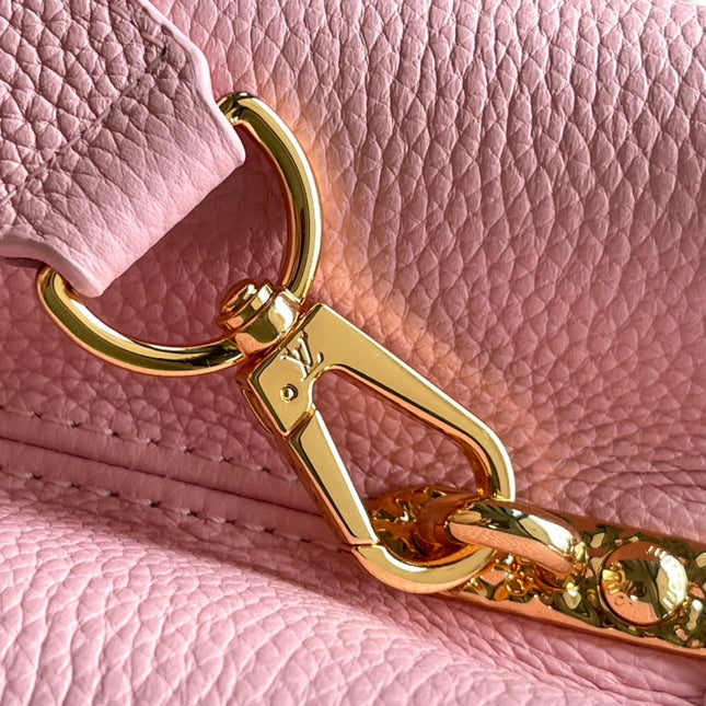 CAPUCINES EAST-WEST 33 IN BLUSH PINK CALFSKIN GOLD HARDWARE