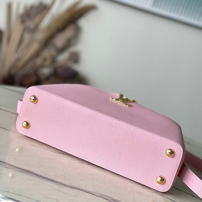 CAPUCINES EAST-WEST 33 IN BLUSH PINK CALFSKIN GOLD HARDWARE