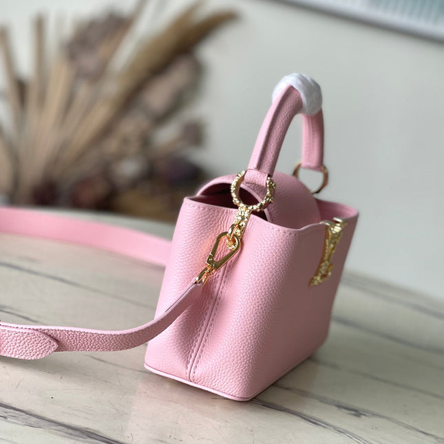 CAPUCINES EAST-WEST MINI 22 IN BLUSH PINK CALFSKIN GOLD HARDWARE