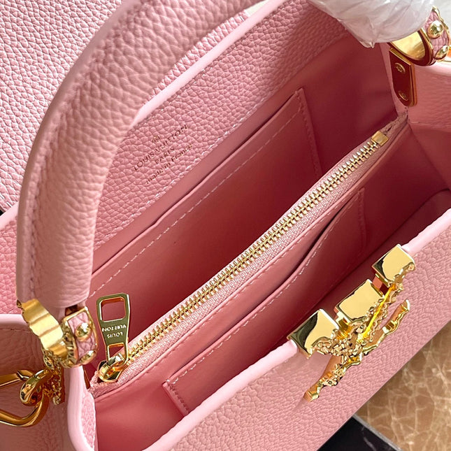 CAPUCINES EAST-WEST MINI 22 IN BLUSH PINK CALFSKIN GOLD HARDWARE