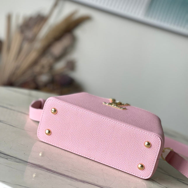 CAPUCINES EAST-WEST MINI 22 IN BLUSH PINK CALFSKIN GOLD HARDWARE