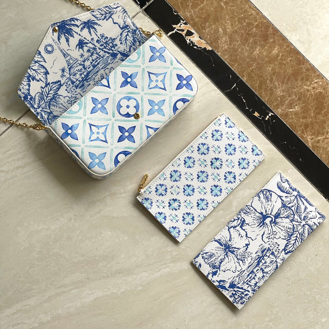 FÉLICIE POCHETTE 21 IN LAGOON BLUE MONOGRAM TILES CANVAS