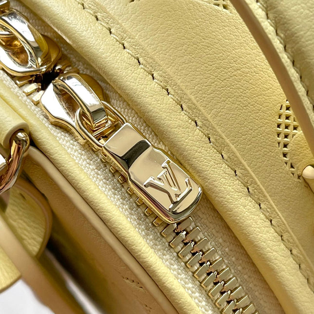 MINI BOITE CHAPEAU 13 IN BANANA YELLOW MONOGRAM PERFORATED CALFSKIN