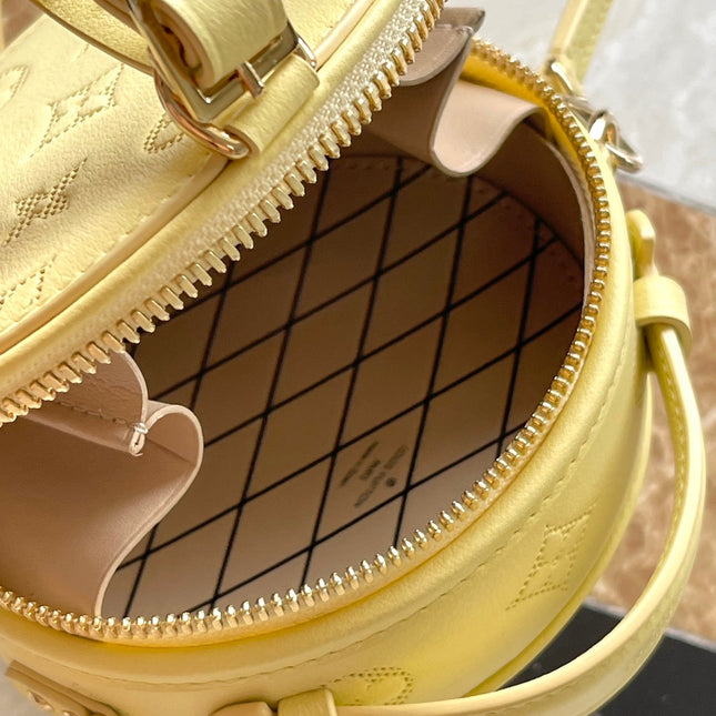 MINI BOITE CHAPEAU 13 IN BANANA YELLOW MONOGRAM PERFORATED CALFSKIN