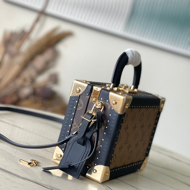 PETITE VALISE 22 IN BROWN MONOGRAM REVERSE CANVAS AND BLACK CALFSKIN TRIM GOLD HARDWARE