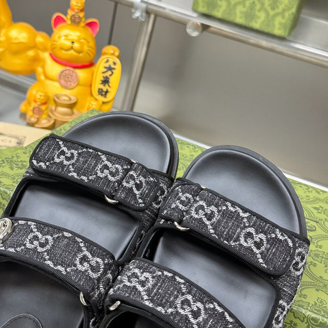 GG SANDALS IN BLACK FABRIC AND CALFSKIN WITH SILVER HARDWARE