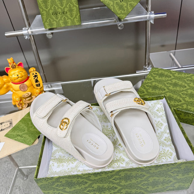 GG SANDALS IN WHITE FABRIC AND CALFSKIN WITH GOLD HARDWARE
