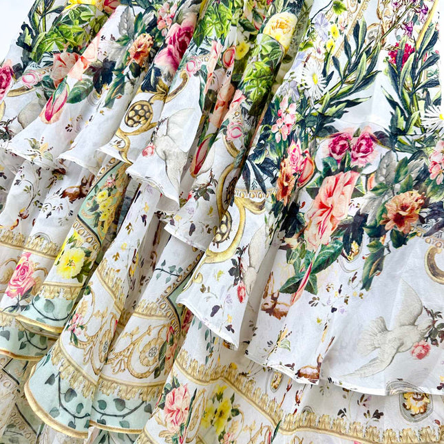 V-NECK LAYERED SILK PRINT MAXI DRESS