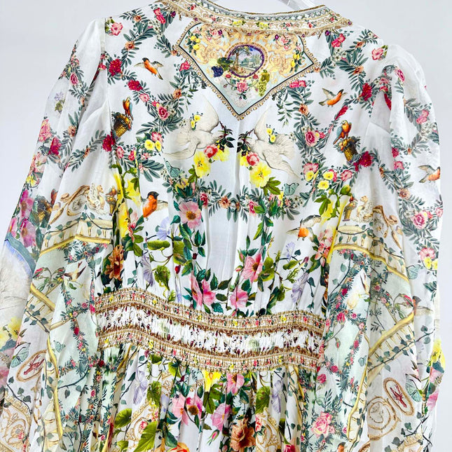 V-NECK LAYERED SILK PRINT MAXI DRESS