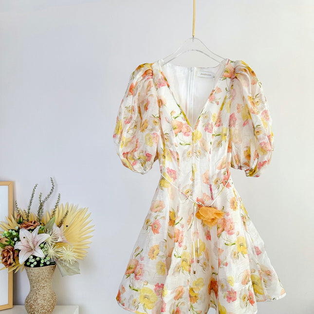 SHORT-SLEEVE V-NECK FLORAL PRINT DRESS 266380