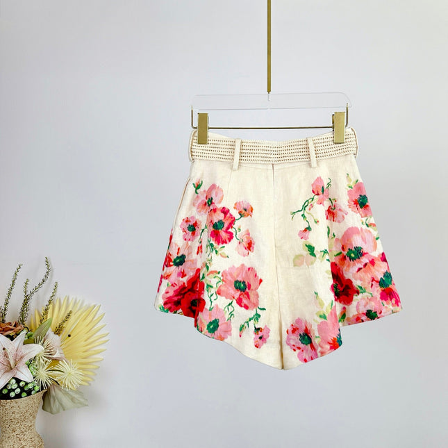 FLORAL PRINTED PLEATED BELTED SHORTS