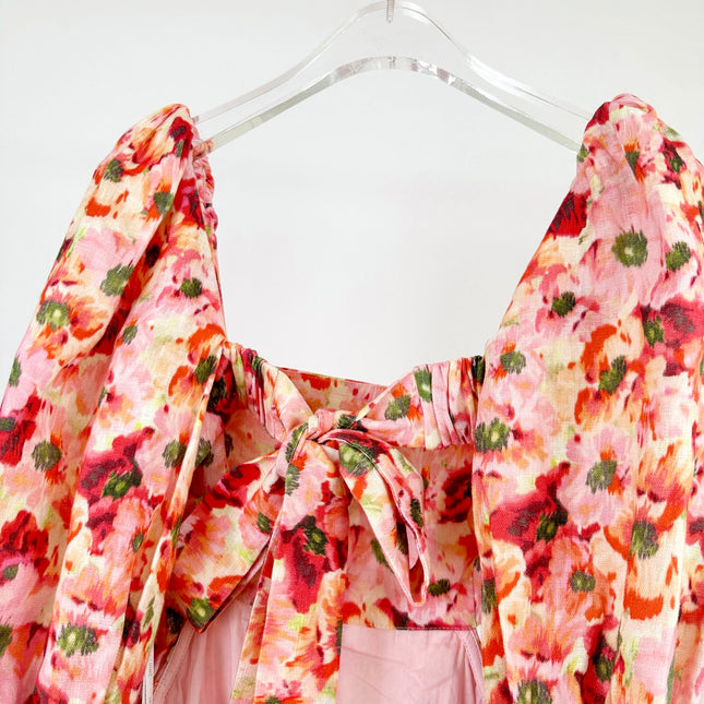 PUFF SLEEVE MINI DRESS 25S RED IN LINEN 266363